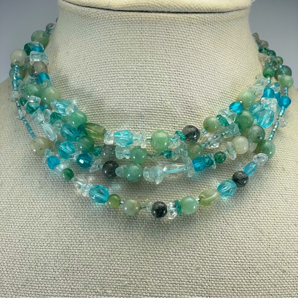 Gemstone Beaded Necklace Quartz Tourmaline Aventurine Aquamarine Multi Strand